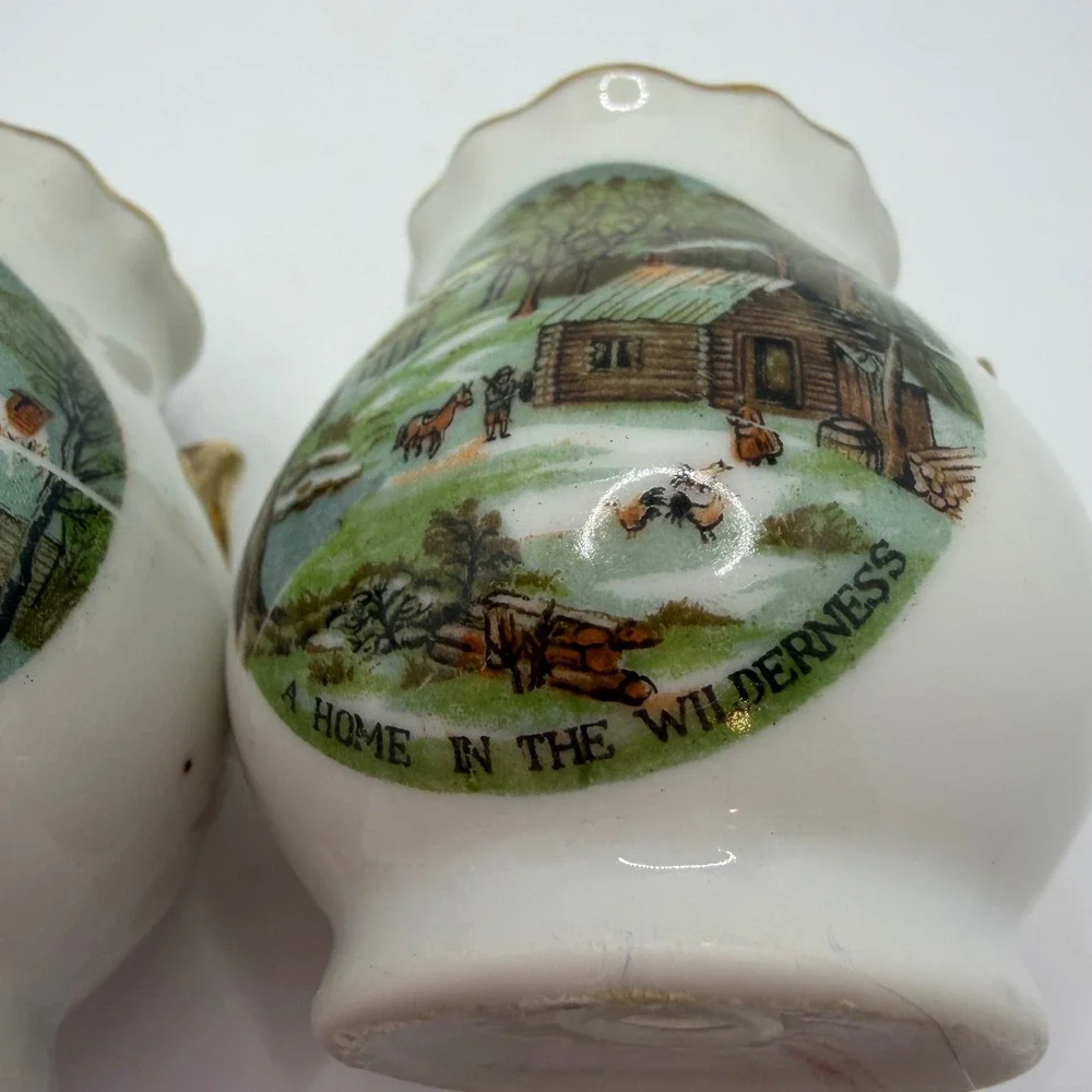 Vintage Enesco Homestead Salt and Pepper Shakers Winter Scenes Gold Trim Set